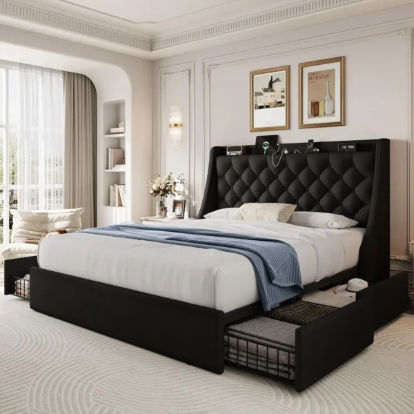 Queen Upholstered Bed Frame with Storage Drawers